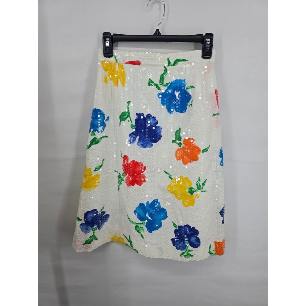 Vintage Floral Sequin Midi Skirt White Blue Red Yellow A-Line Party Skirt